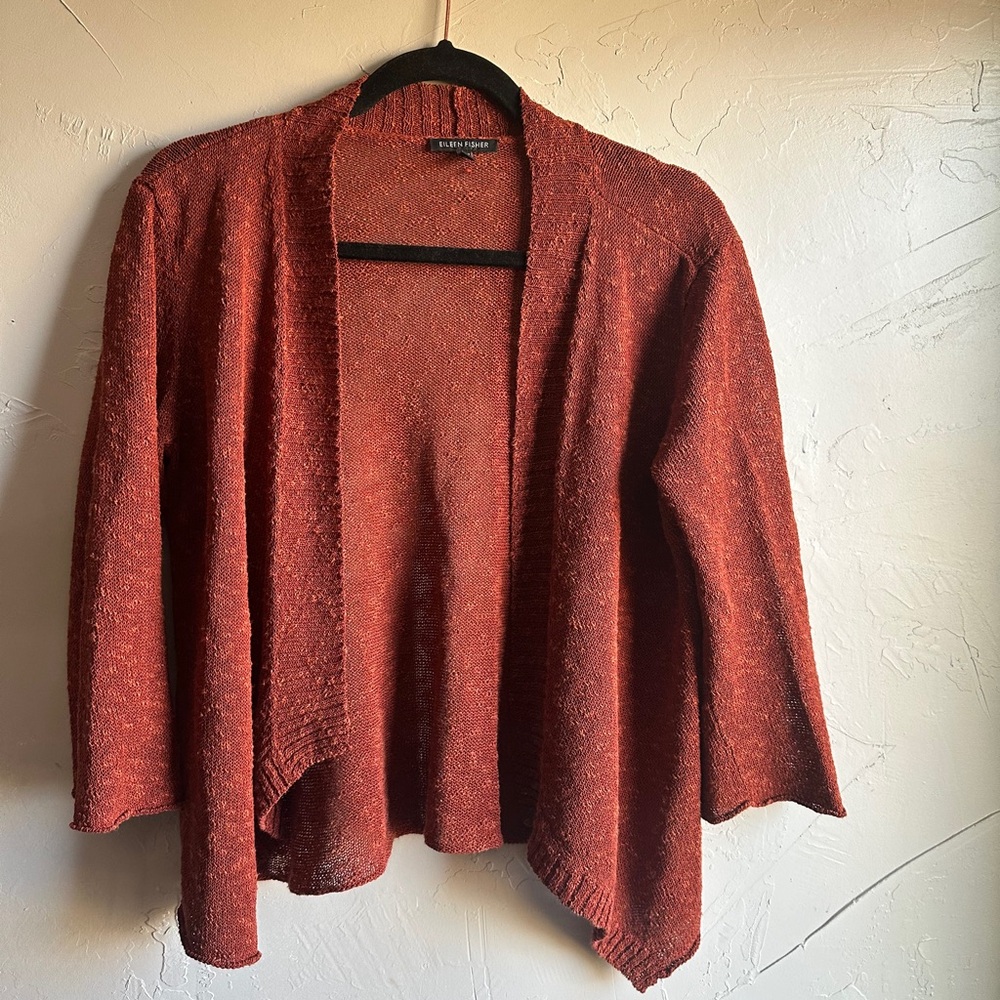 Eileen Fisher Linen Blend Open Front Waterfall Asymmetric Cardigan LooseFit Sz M
